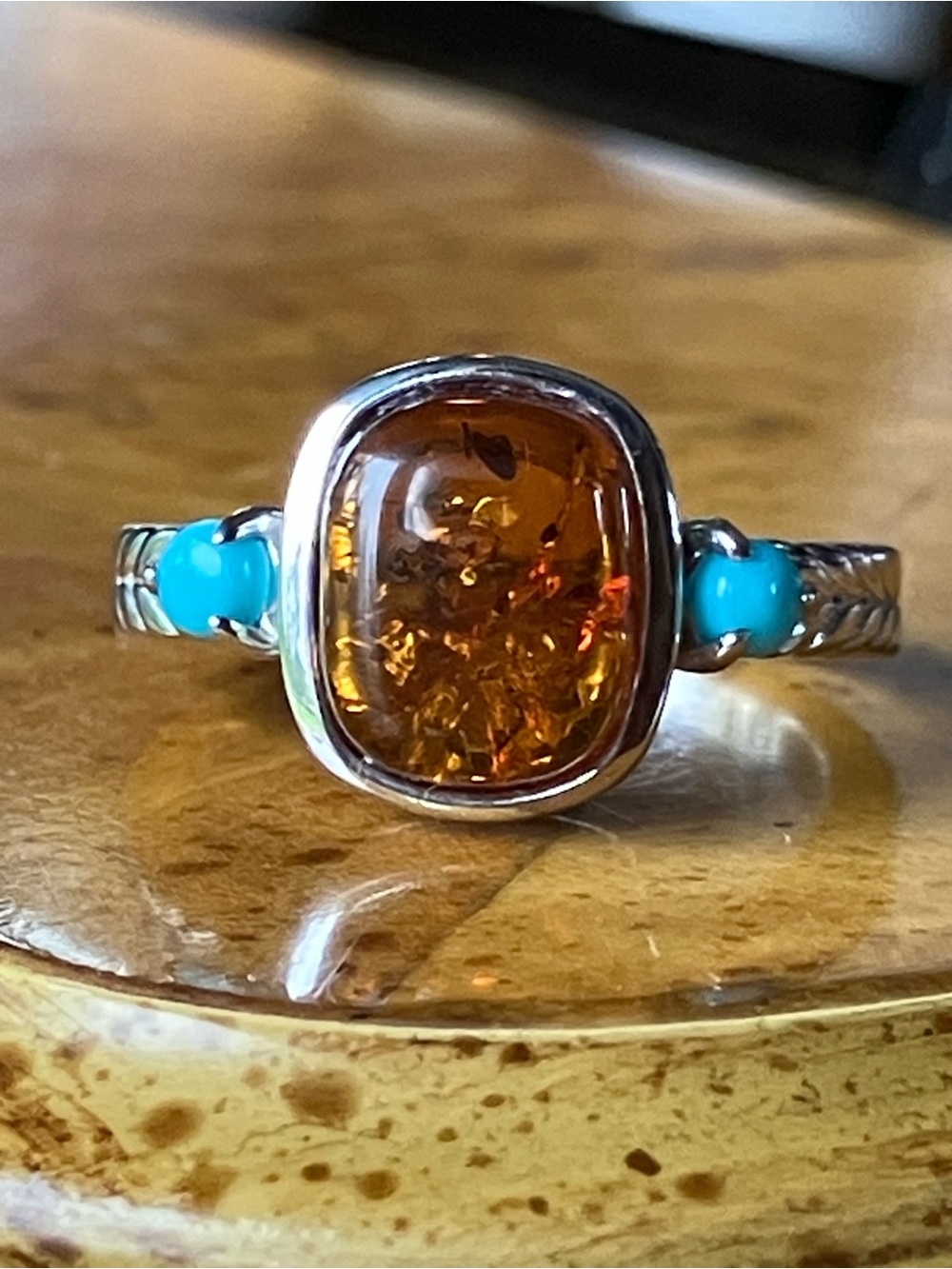 Baltic Amber Sleeping Beauty Turquoise Sterling Silver Ring Size 6.75